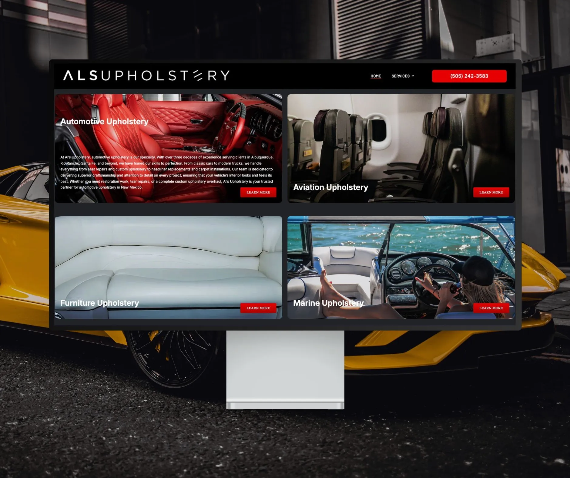Al’s Upholstery website shown on a desktop display