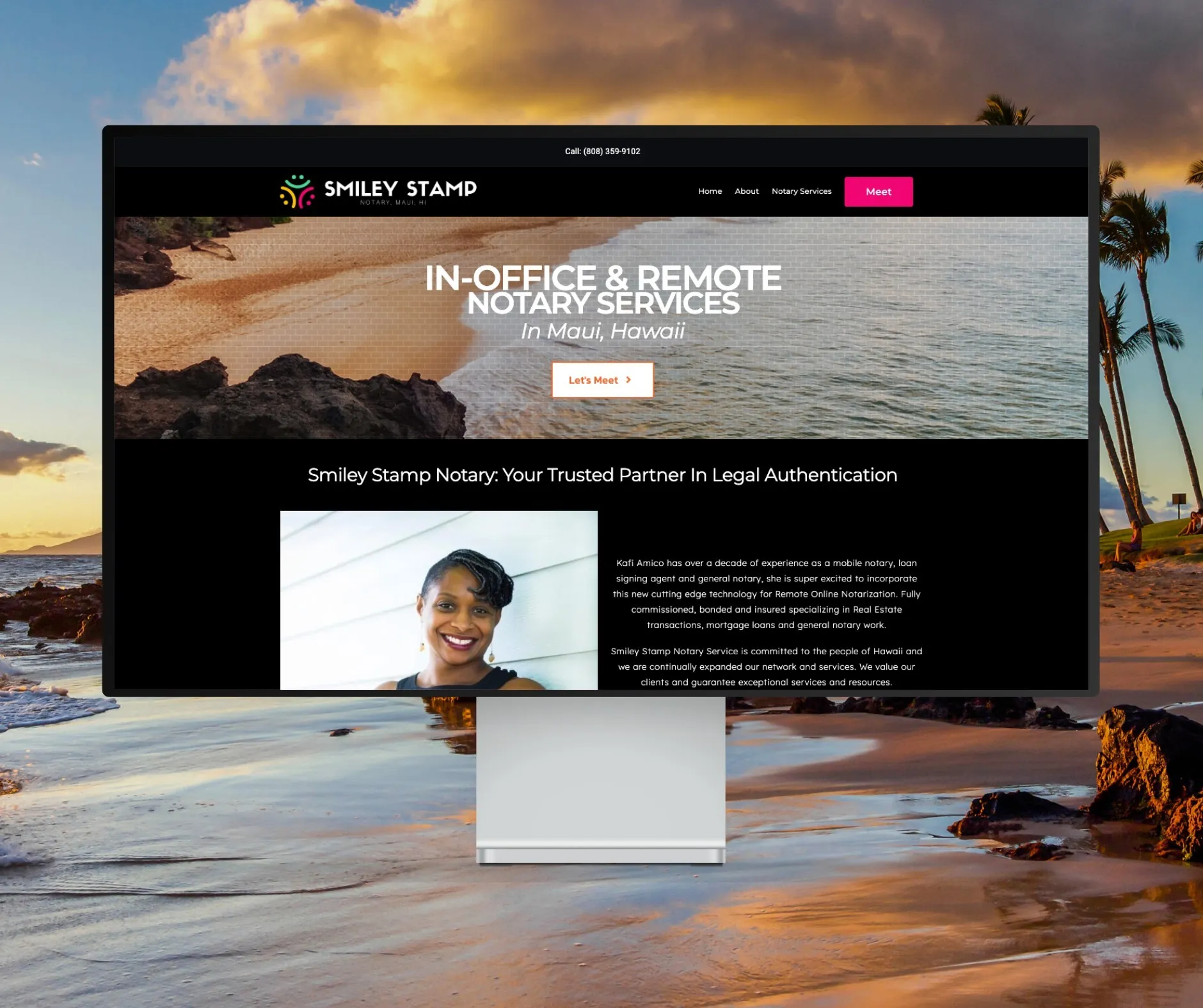 Smiley Stamp Notary website shown on a desktop display